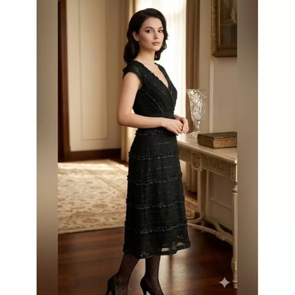 Tadashi Shoji Dress 14/16 Black Cap Sleeve Tiered Embellished V Neck Sequin
